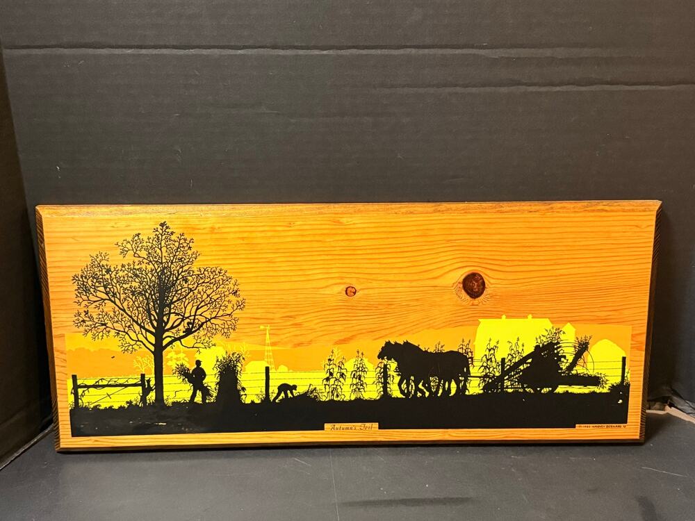 Autumn’s Toil 1982 Harvey Bernard folk artist farm-themed silhouette wood art